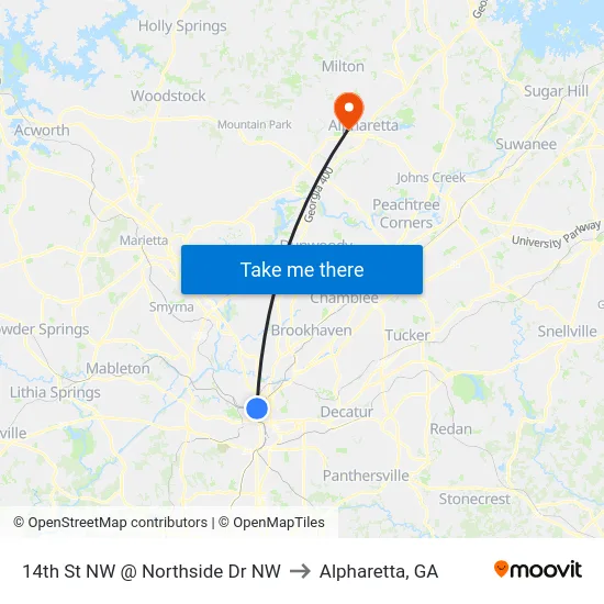14th St NW @ Northside Dr NW to Alpharetta, GA map