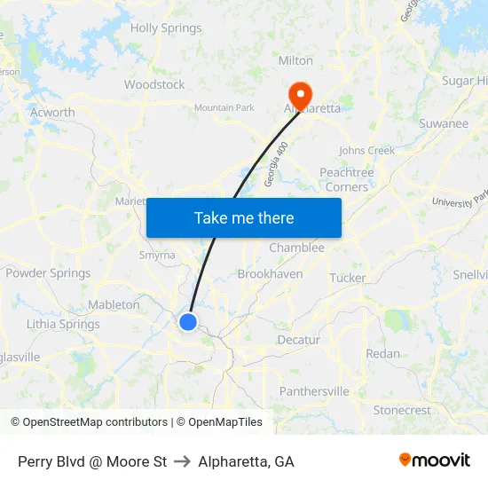 Perry Blvd @ Moore St to Alpharetta, GA map