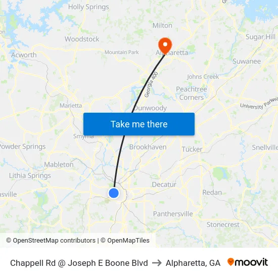 Chappell Rd @ Joseph E Boone Blvd to Alpharetta, GA map
