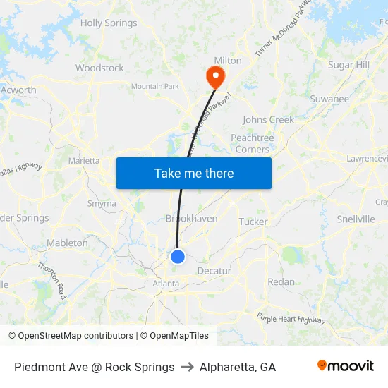 Piedmont Ave @ Rock Springs to Alpharetta, GA map
