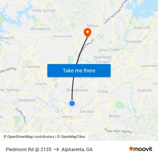 Piedmont Rd @ 2135 to Alpharetta, GA map