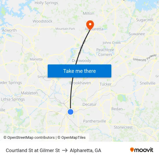 Courtland St at Gilmer St to Alpharetta, GA map