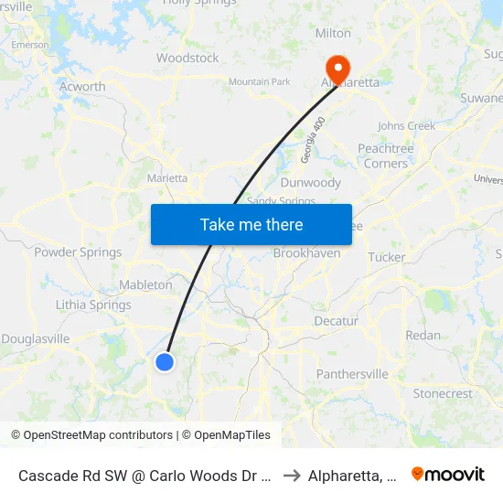 Cascade Rd SW @ Carlo Woods Dr SW to Alpharetta, GA map