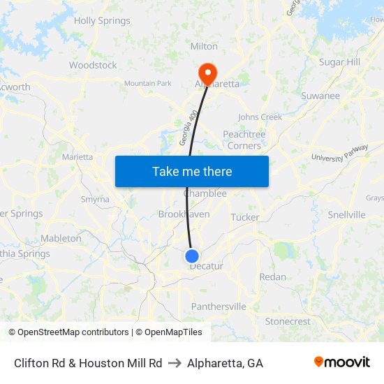 Clifton Rd & Houston Mill Rd to Alpharetta, GA map