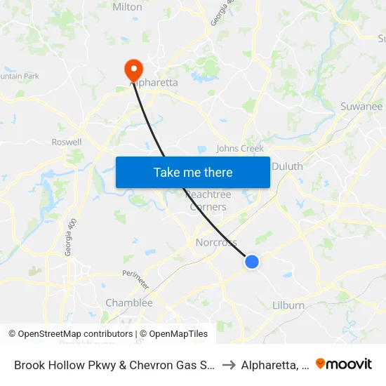 Brook Hollow Pkwy & Chevron Gas Station to Alpharetta, GA map