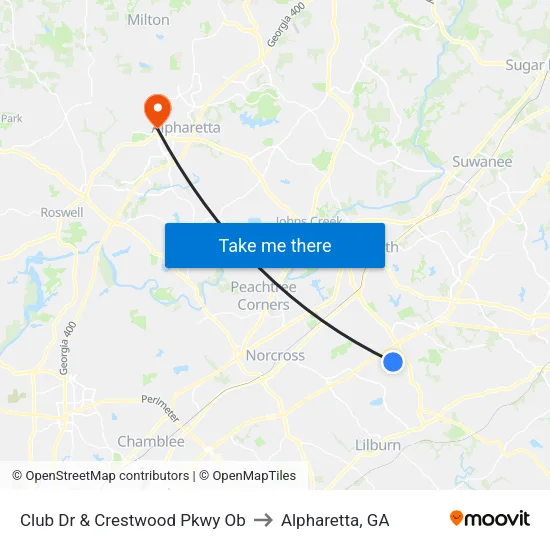 Club Dr & Crestwood Pkwy Ob to Alpharetta, GA map