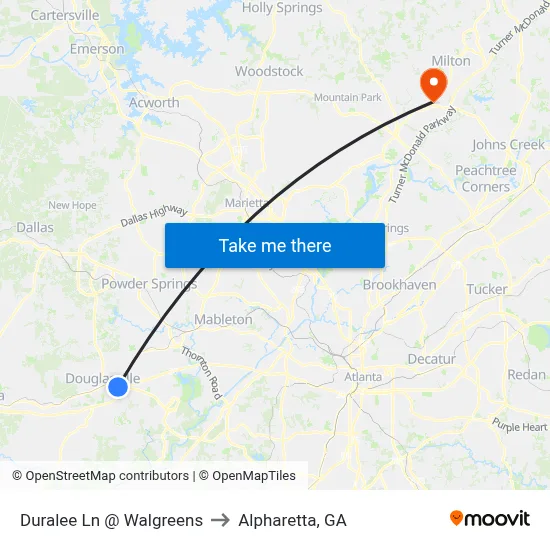 Duralee Ln @ Walgreens to Alpharetta, GA map