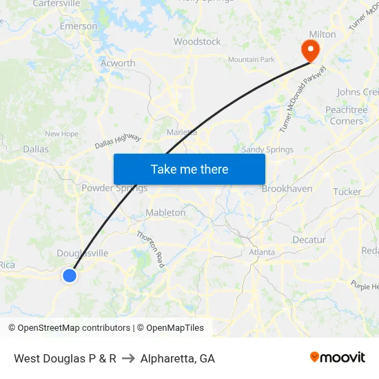 West Douglas P & R to Alpharetta, GA map