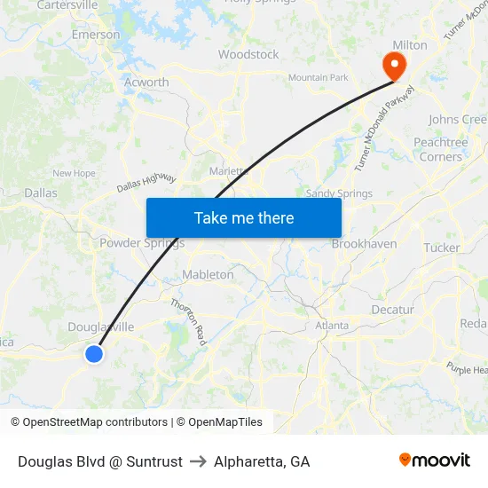 Douglas Blvd @ Suntrust to Alpharetta, GA map