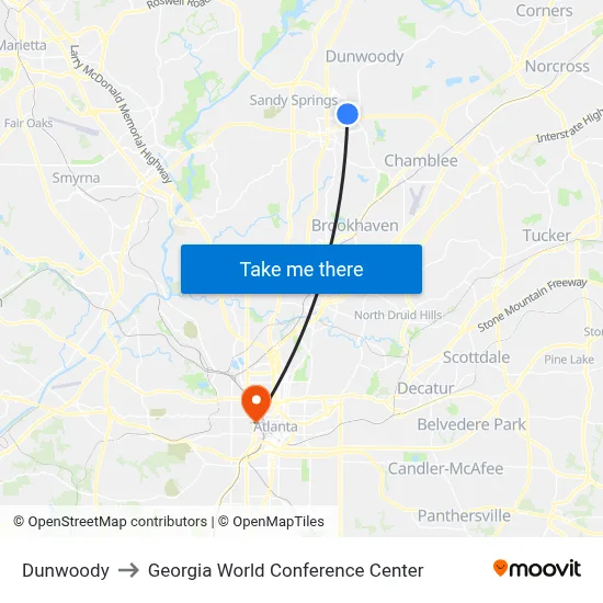Dunwoody to Georgia World Conference Center map