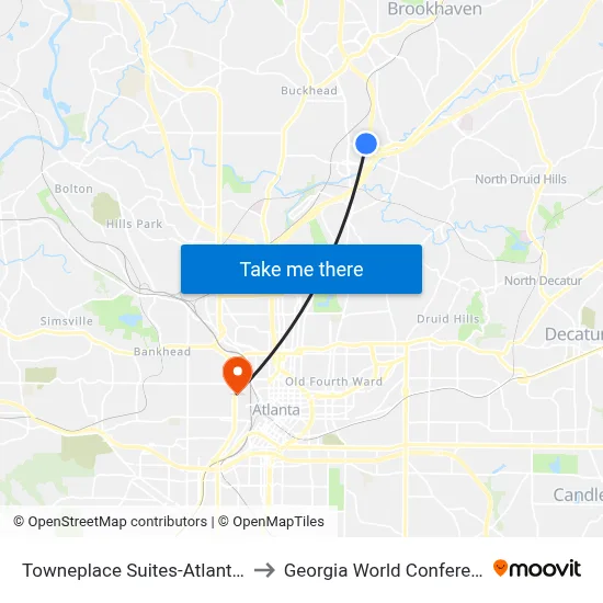Towneplace Suites-Atlanta Buckhead to Georgia World Conference Center map