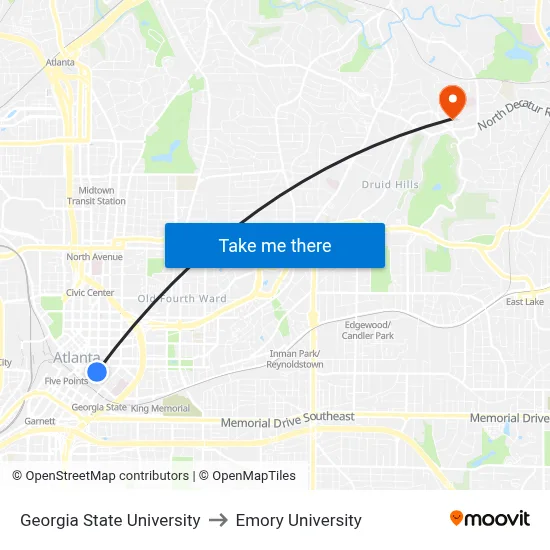 Georgia State University to Emory University map