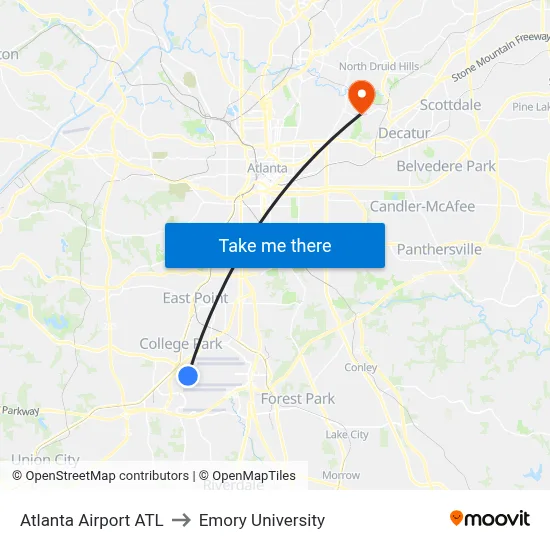Atlanta Airport ATL to Emory University map