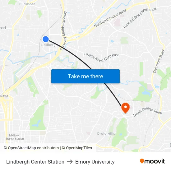 Lindbergh Center Station to Emory University map