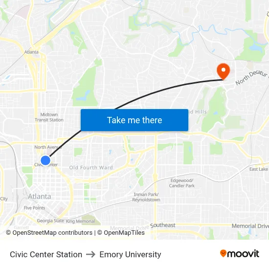 Civic Center Station to Emory University map
