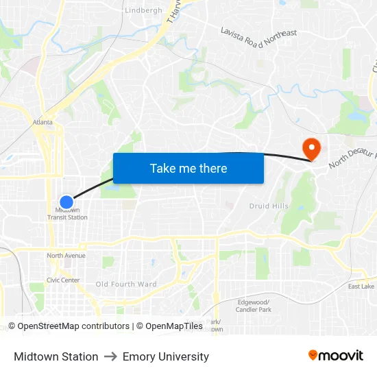 Midtown Station to Emory University map