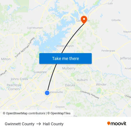 Gwinnett County to Hall County map