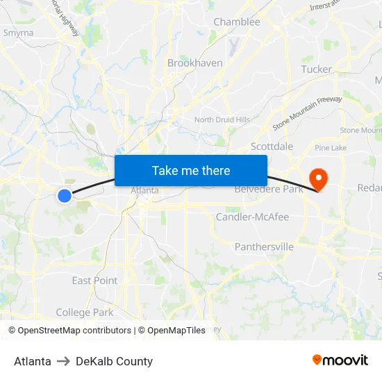 Atlanta to DeKalb County map