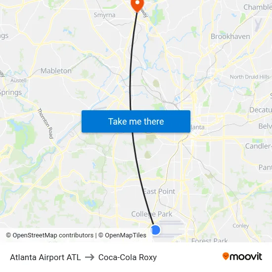 Atlanta Airport ATL to Coca-Cola Roxy map