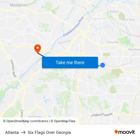 Atlanta to Six Flags Over Georgia map