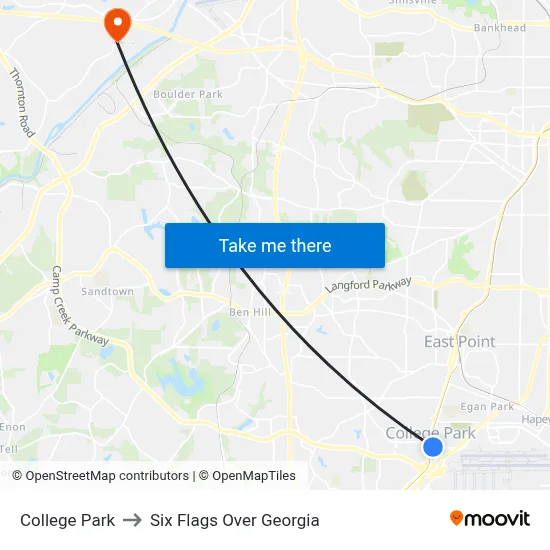 College Park to Six Flags Over Georgia map