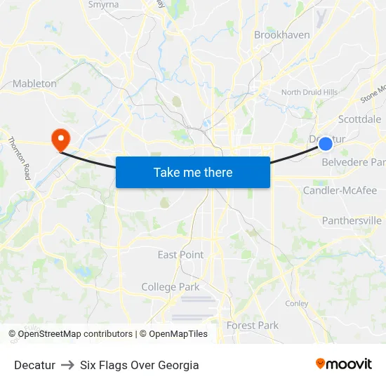 Decatur to Six Flags Over Georgia map