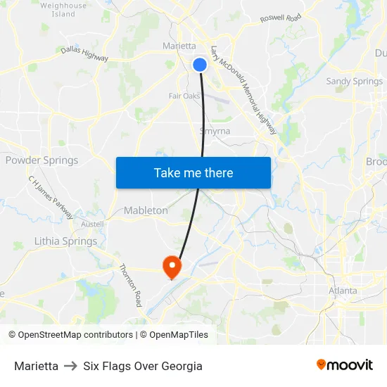 Marietta to Six Flags Over Georgia map