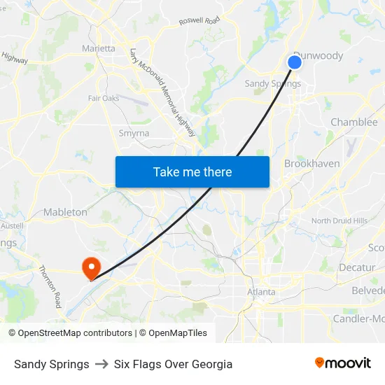 Sandy Springs to Six Flags Over Georgia map