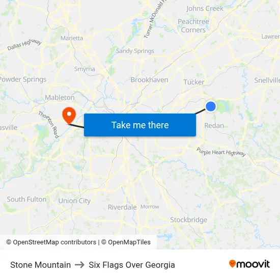 Stone Mountain to Six Flags Over Georgia map