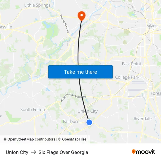 Union City to Six Flags Over Georgia map