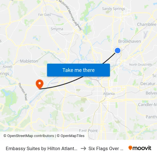 Embassy Suites by Hilton Atlanta Buckhead to Six Flags Over Georgia map
