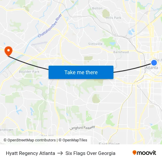 Hyatt Regency Atlanta to Six Flags Over Georgia map