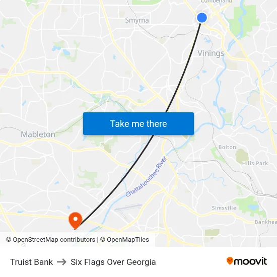 Truist Bank to Six Flags Over Georgia map