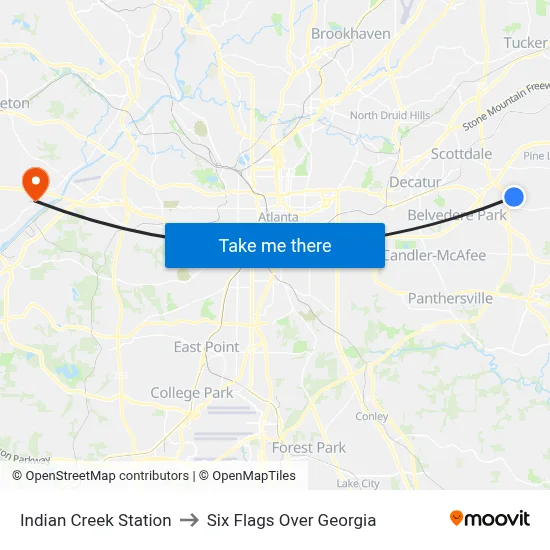 Indian Creek Station to Six Flags Over Georgia map