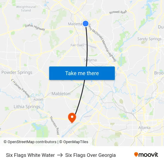 Six Flags White Water to Six Flags Over Georgia map