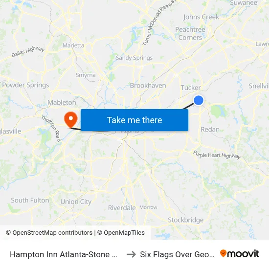 Hampton Inn Atlanta-Stone Moun to Six Flags Over Georgia map