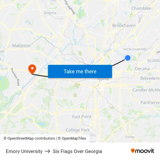 Emory University to Six Flags Over Georgia map