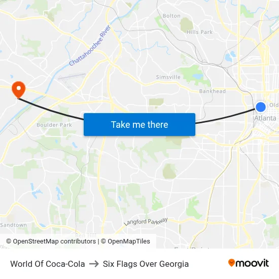 World Of Coca-Cola to Six Flags Over Georgia map