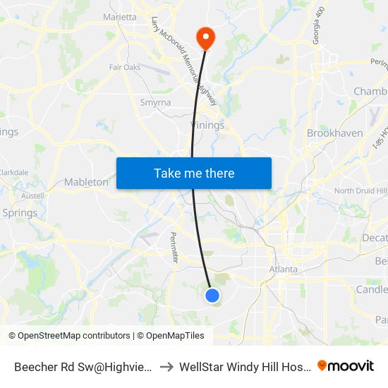 Beecher Rd Sw@Highview Rd to WellStar Windy Hill Hospital map