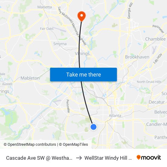 Cascade Ave SW @ Westhaven Dr SW to WellStar Windy Hill Hospital map