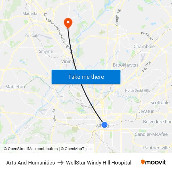 Arts And Humanities to WellStar Windy Hill Hospital map