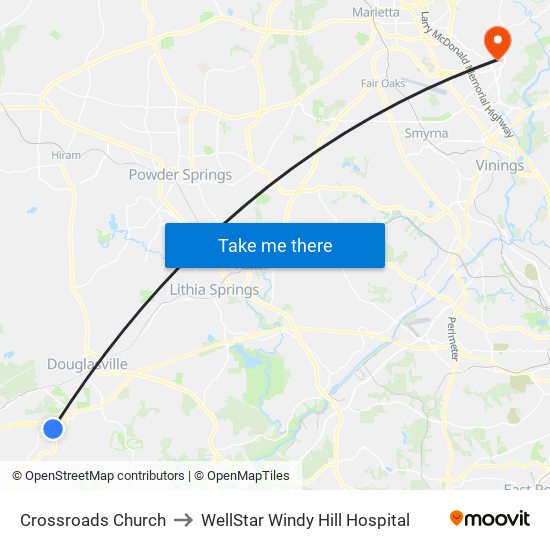 Crossroads Church to WellStar Windy Hill Hospital map