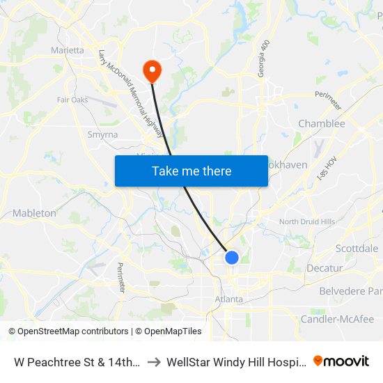 W Peachtree St & 14th St to WellStar Windy Hill Hospital map