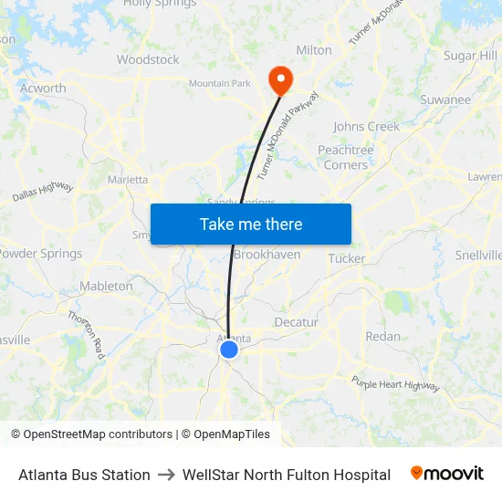 Atlanta Bus Station to WellStar North Fulton Hospital map