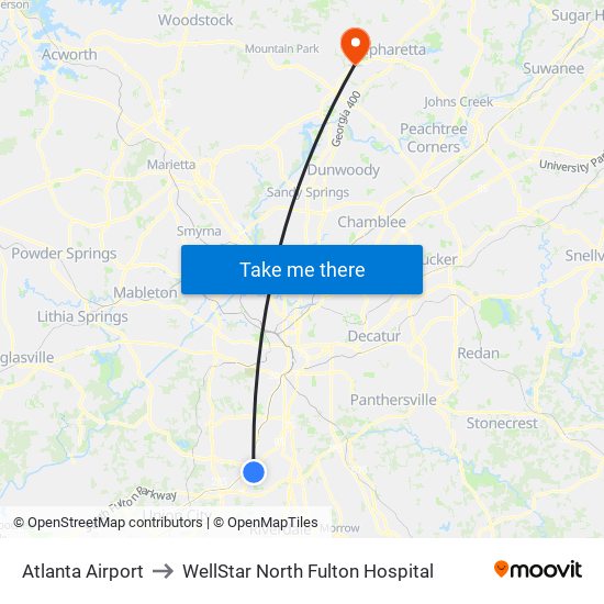 Atlanta Airport to WellStar North Fulton Hospital map