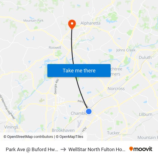 Park Ave @ Buford Hwy NE to WellStar North Fulton Hospital map