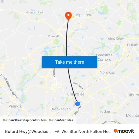 Buford Hwy@Woodside Way to WellStar North Fulton Hospital map