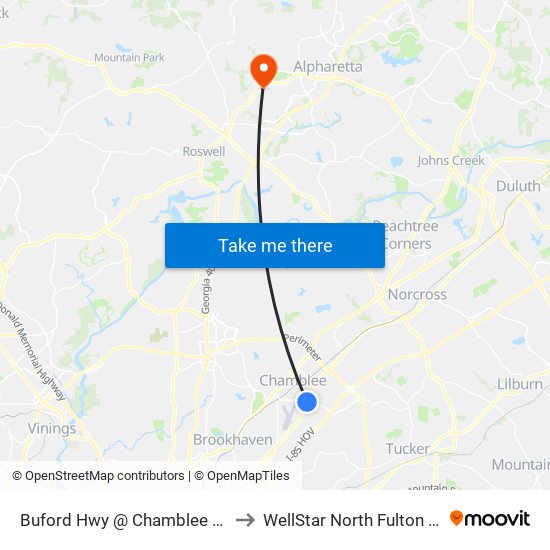 Buford Hwy @ Chamblee Tucker Rd to WellStar North Fulton Hospital map