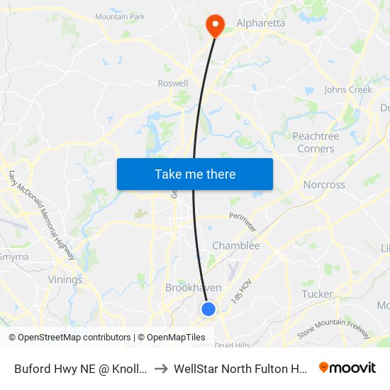 Buford Hwy NE @ Knoll Pl NE to WellStar North Fulton Hospital map