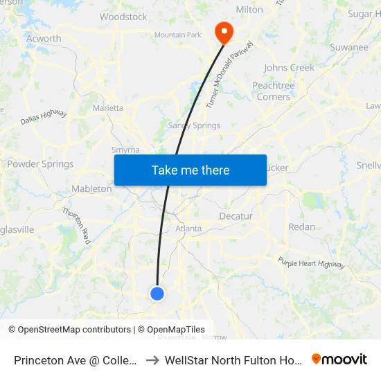 Princeton Ave @ College St to WellStar North Fulton Hospital map
